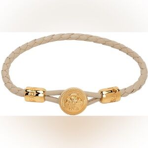 Versace Unisex Beige/Cream Braided Leather Bracelet w/ Gold Medusa Head Details
